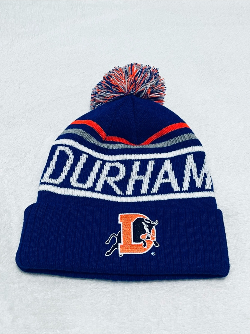 Durham Bulls Blue Pom Beanie with Orange Bulls Logo